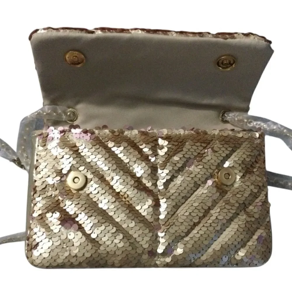 NWT Nicole Miller Gold Sequin Quilted Small Crossbody Bag Shoulder Purse Handbag
